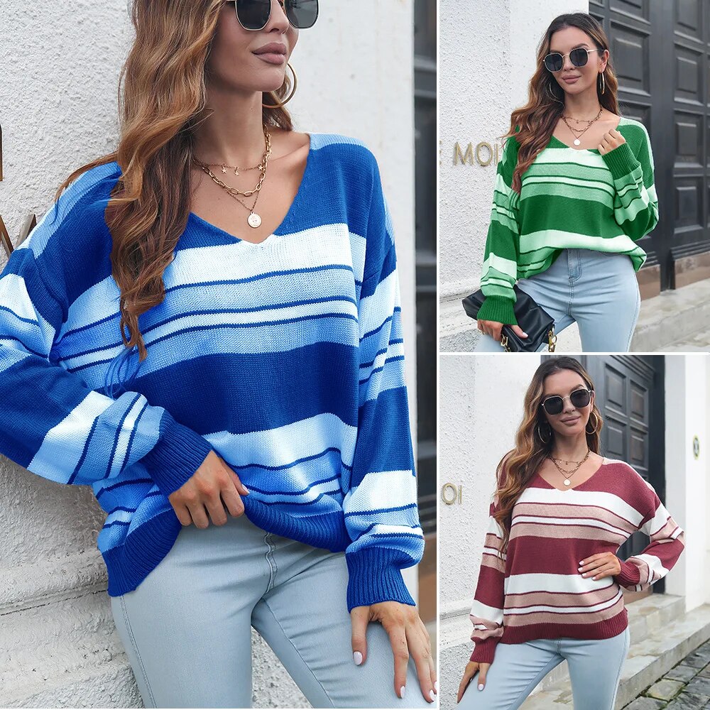 Stripe V-neck Long Sleeved Loose Sweater for Women