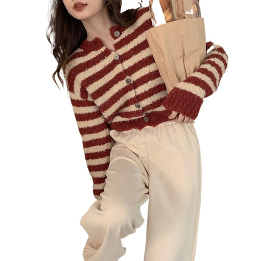 Striped Sweater Jacket Women's Soft Glutinous Knitted Cardigan Top