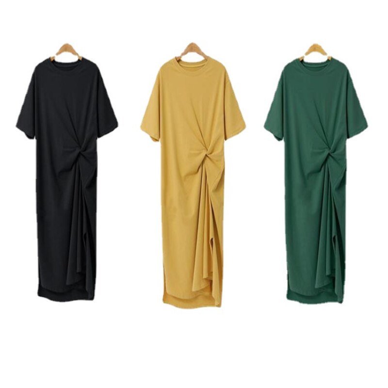 Summer 2023 New Loose Casual Ruched Long T-shirt Skirt Dress