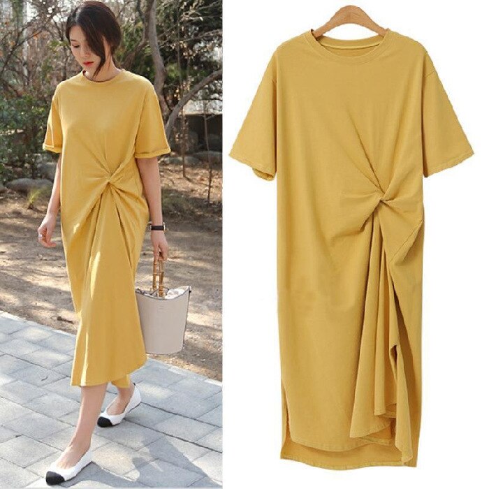 Summer 2023 New Loose Casual Ruched Long T-shirt Skirt Dress