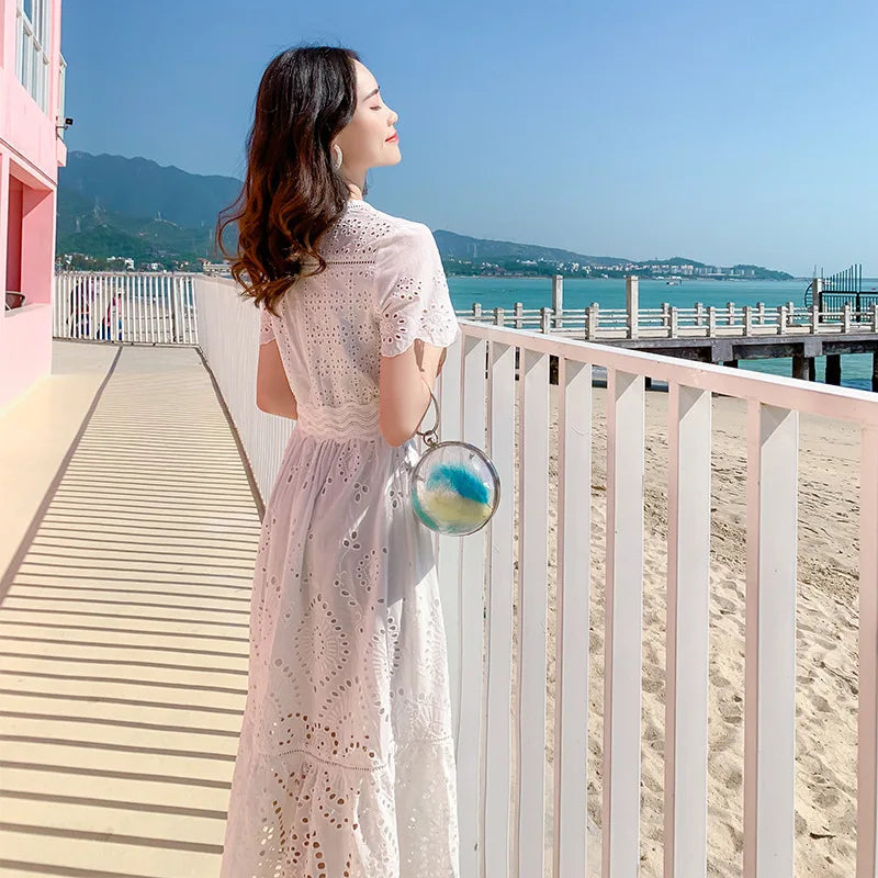 Summer 2024 White Bohemian Knee Length Short Sleeves Hollow Beach Dress