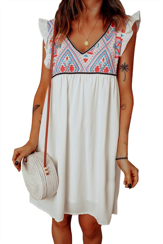 Summer Beach Floral Sleeveless V Neck Mini White Dress