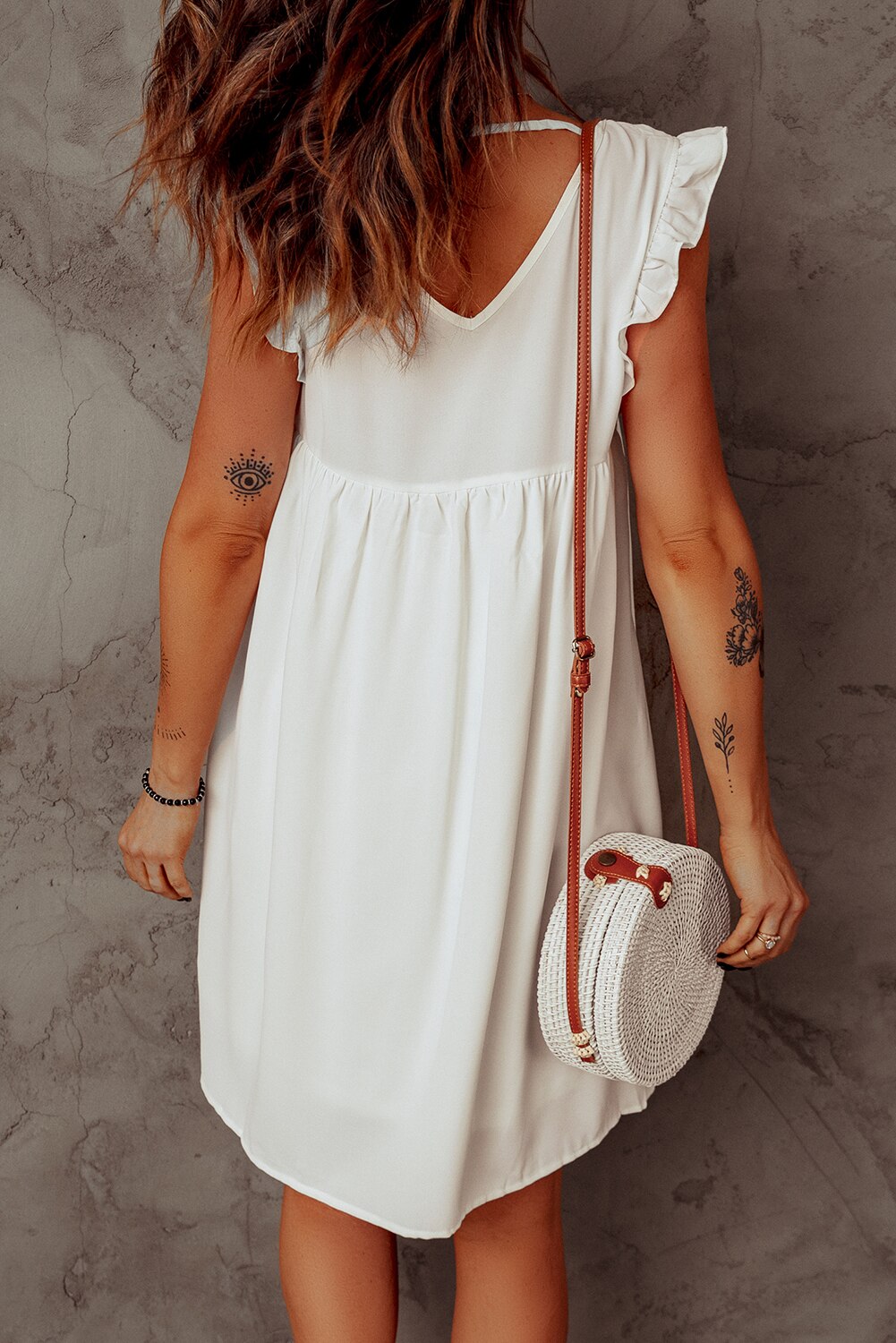 Summer Beach Floral Sleeveless V Neck Mini White Dress