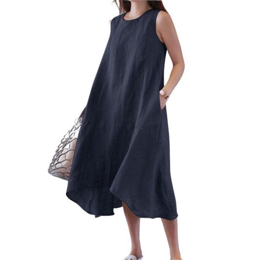 Summer Round Neck Loose Solid Color Long Swing Vest Cotton Linen Dress