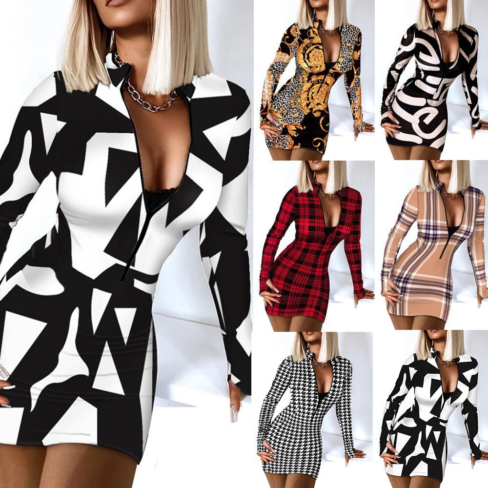 Tight Long Sleeve V-neck Zipper Plaid Striped Bodycon Dress