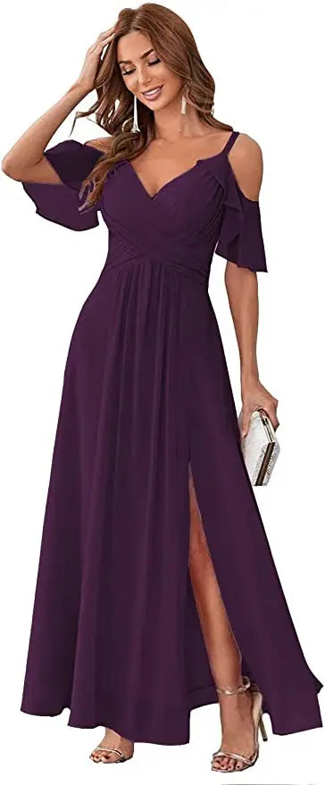 V-neck Dropped Shoulder Sleeve Split High Waist Prom Bridesmaid Dress