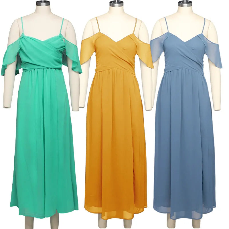 V-neck Dropped Shoulder Sleeve Split High Waist Prom Bridesmaid Dress