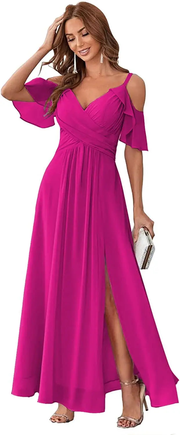 V-neck Dropped Shoulder Sleeve Split High Waist Prom Bridesmaid Dress