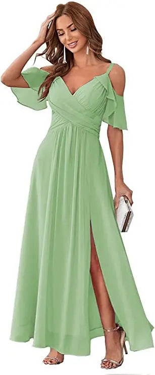 V-neck Dropped Shoulder Sleeve Split High Waist Prom Bridesmaid Dress