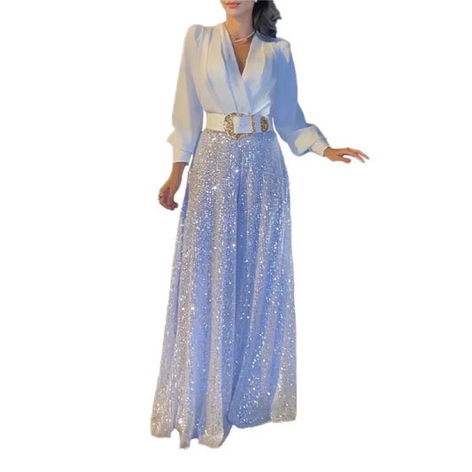 V-neck Fashionable Belt Long Sleeves Sequined Jumpsuit with Random Belt