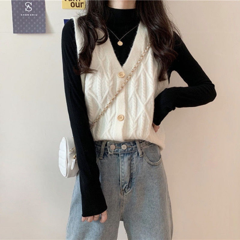 V-neck Knitted Cardigan Sweater Versatile Vest Women's Outerwear