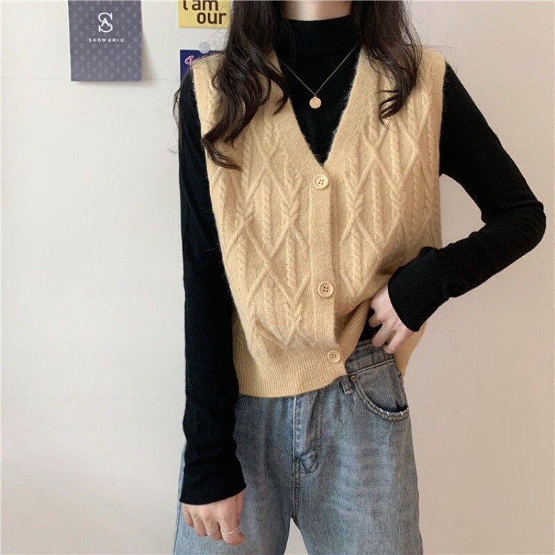 V-neck Knitted Cardigan Sweater Versatile Vest Women's Outerwear