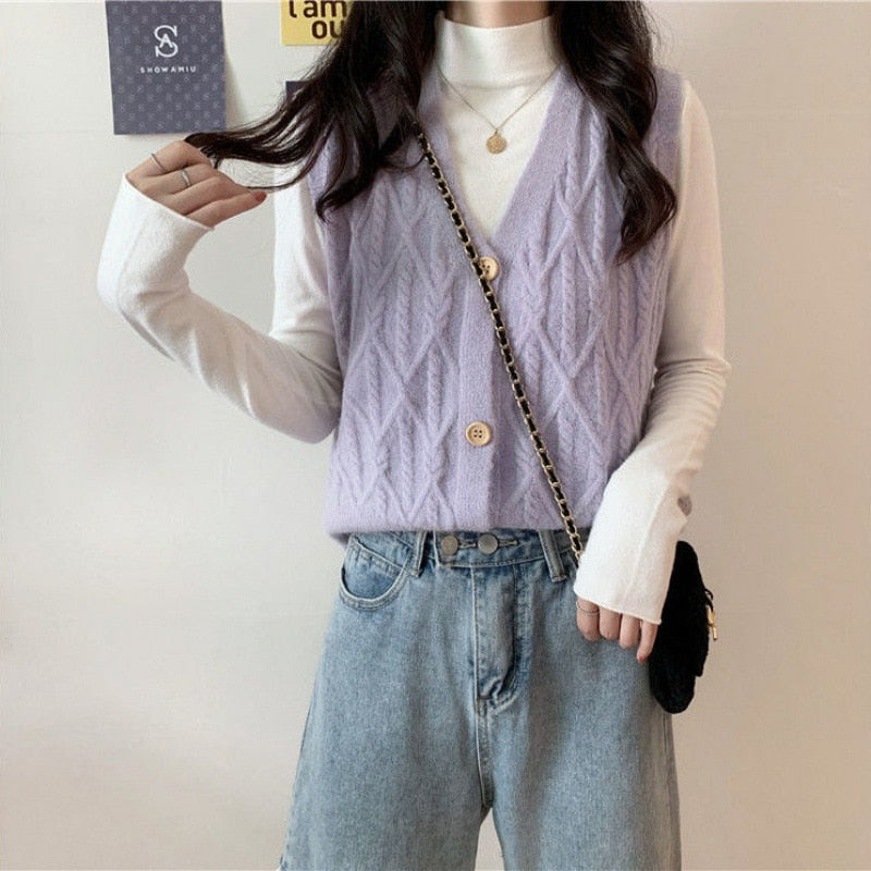 V-neck Knitted Cardigan Sweater Versatile Vest Women's Outerwear