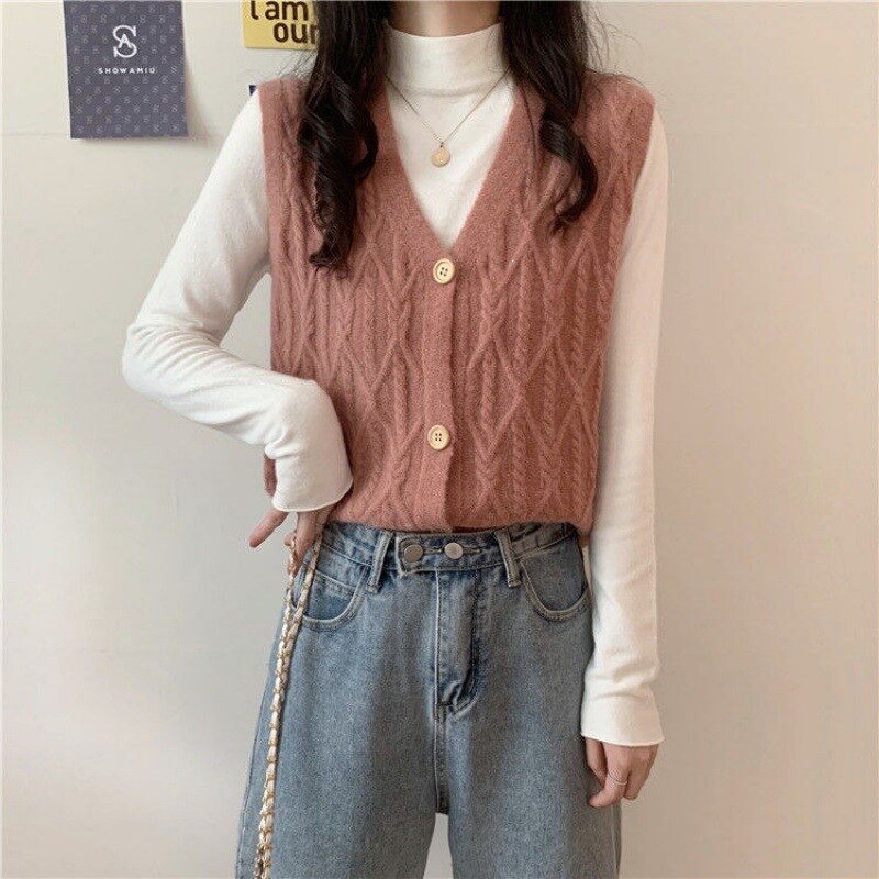 V-neck Knitted Cardigan Sweater Versatile Vest Women's Outerwear