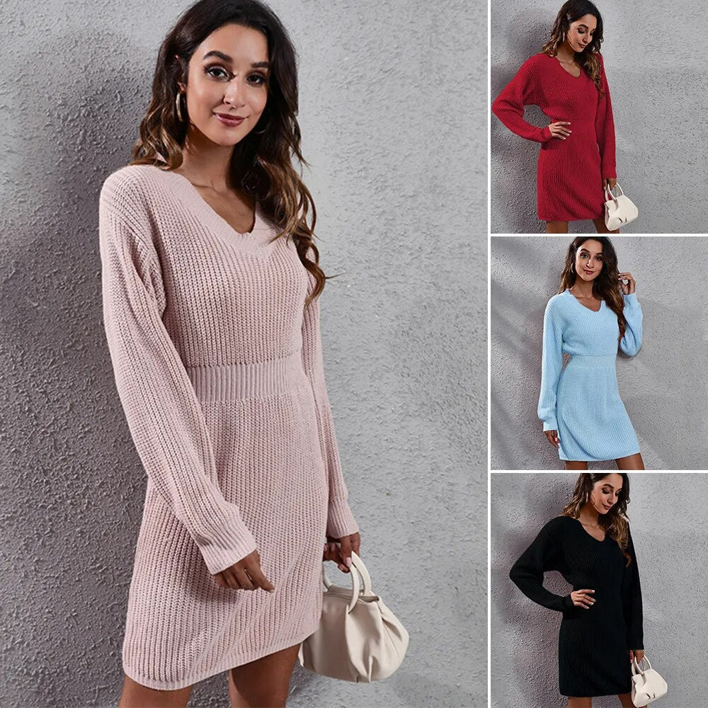 V-neck Long Sleeved Autumn and Winter Women's Knitted Dress