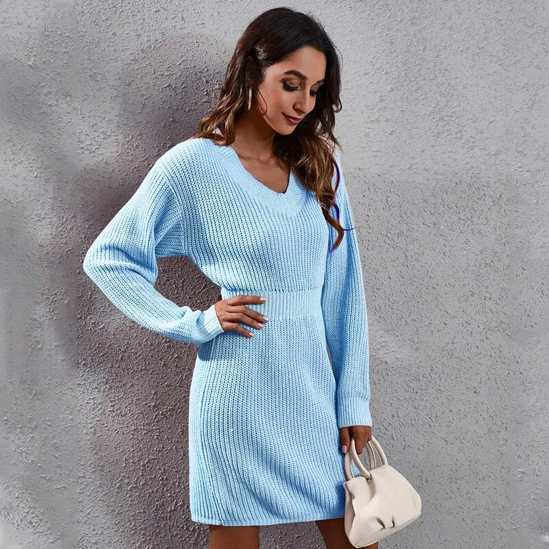 V-neck Long Sleeved Autumn and Winter Women's Knitted Dress