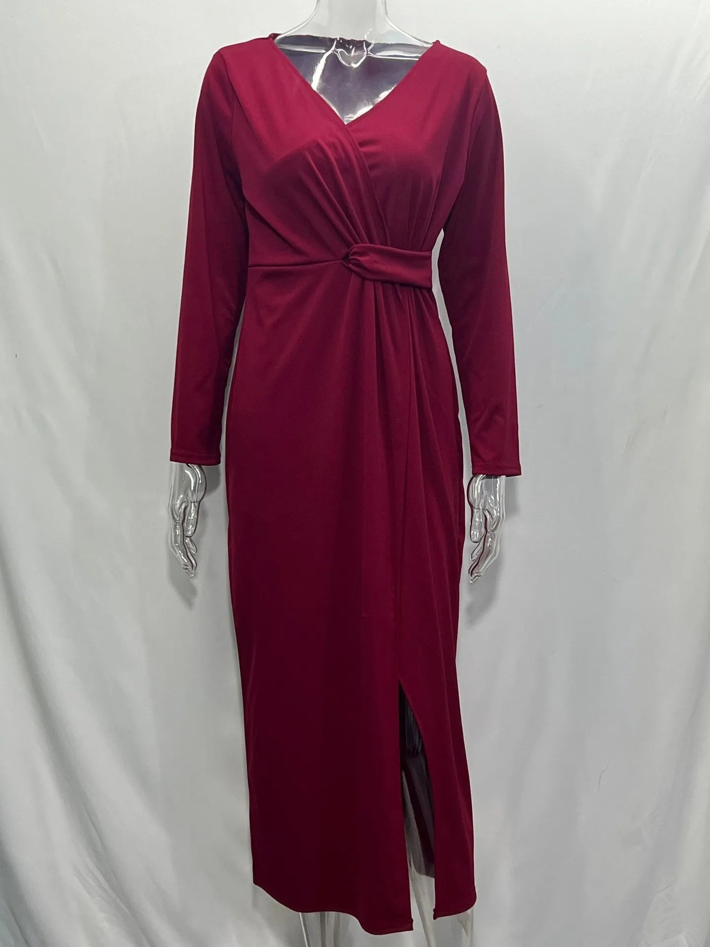 V-neck Long-sleeved Split Ruched Long Evening Party Dress