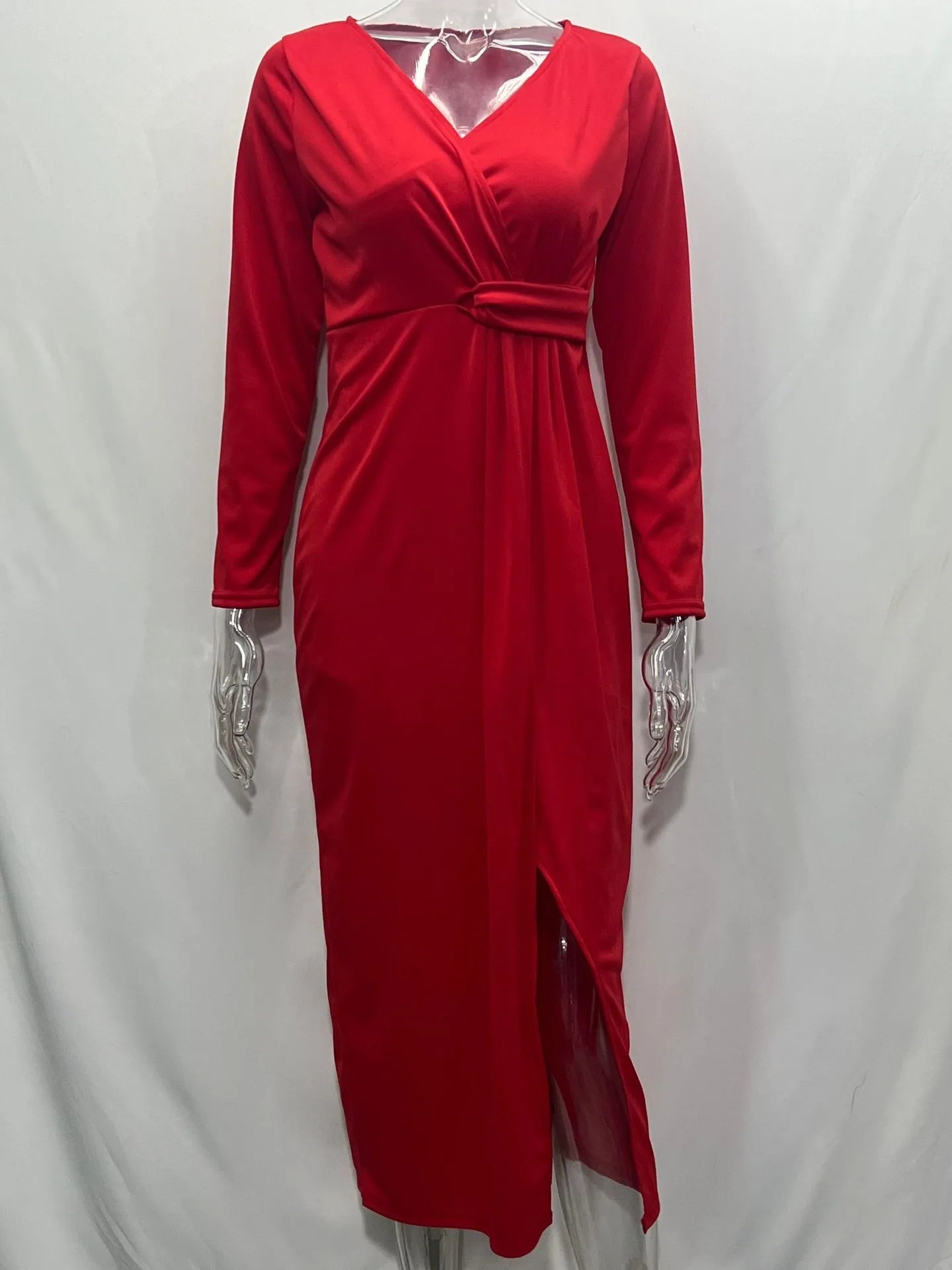 V-neck Long-sleeved Split Ruched Long Evening Party Dress