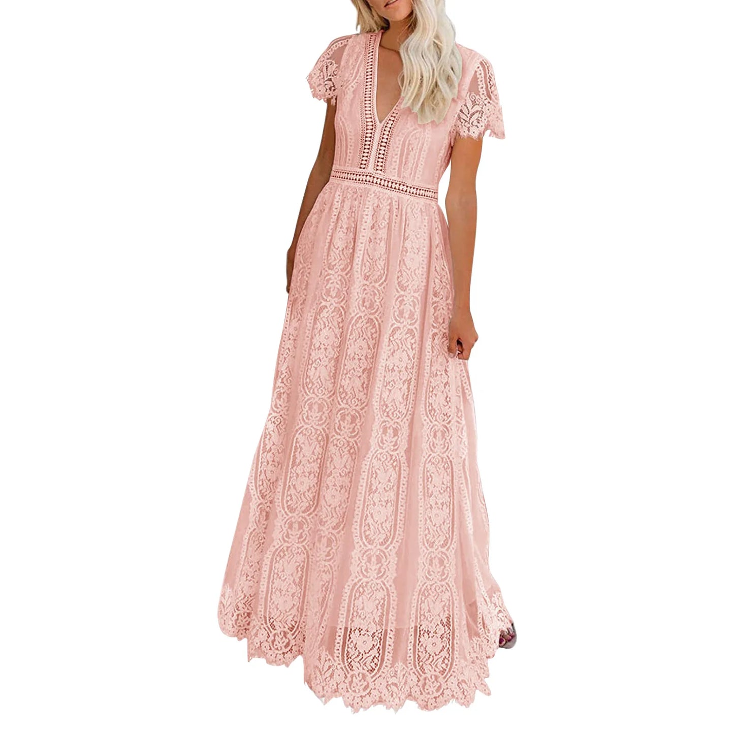 V-neck Short Sleeve Hollow Sexy Lace Long Dress