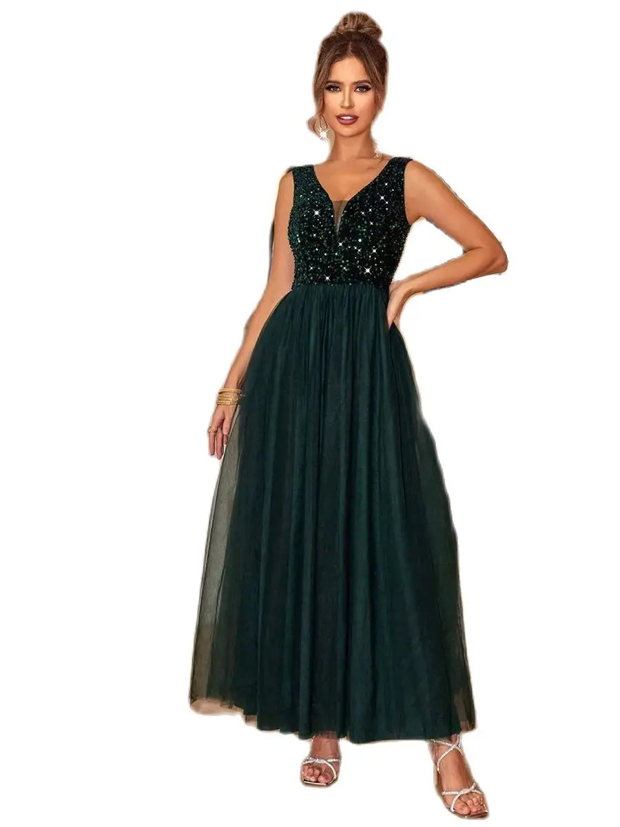 V-neck Sleeveless Sequined Mesh Ankle Length Formal Evening Dress