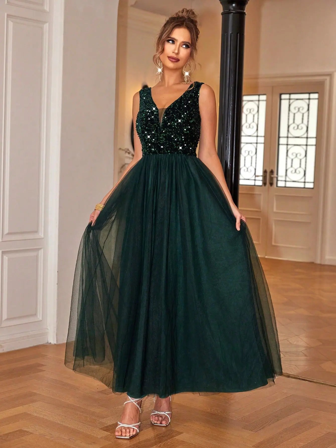 V-neck Sleeveless Sequined Mesh Ankle Length Formal Evening Dress