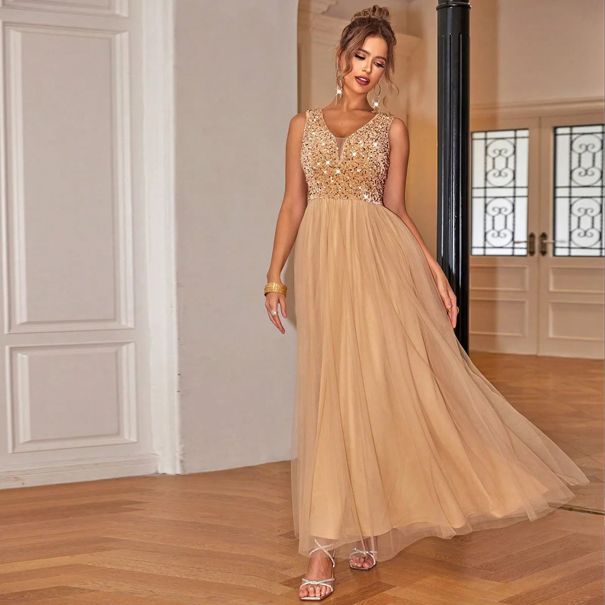 V-neck Sleeveless Sequined Mesh Ankle Length Formal Evening Dress