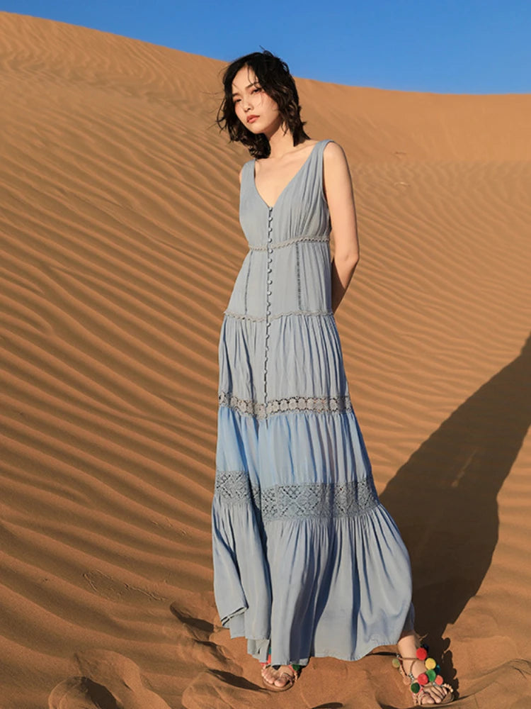 V-neck Spaghetti Straps Hollow Buttons Embroidery Split Long Dress