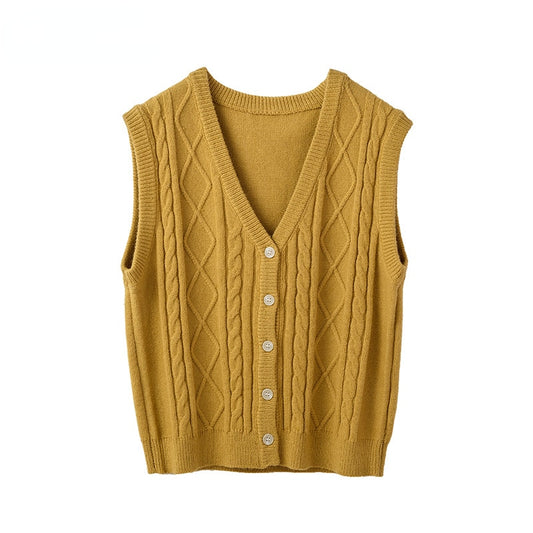 V-neck single-breasted twisted knit vest cardigan women's vintage versatile age-reducing sleeveless vest