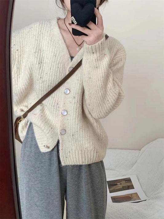 Variegated Color Point V-neck Knit Cardigan Women Retro Loose Lazy Thick Sweater Coat