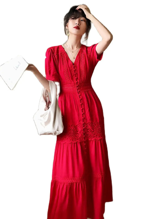 Vinatege Summer French V-Neck Holiday Beach Red Lace Long Dress