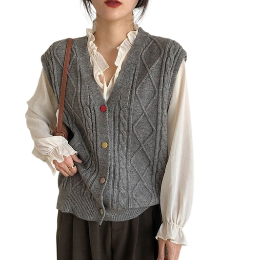 Vintage Autumn Twist Knitted V-neck Vest Cardigan Tank Top