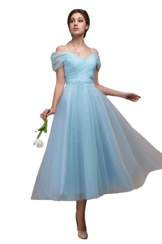 Vintage Off Shoulder Princess Tee Length Bridesmaid Dress