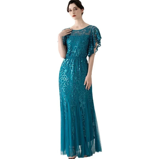 Vintage Round Neck Splicing Sequined Mesh Blue Long Evening Dress