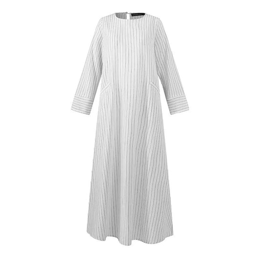 Vintage Women's Cotton Linen Pullover Round Neck A-line Dress