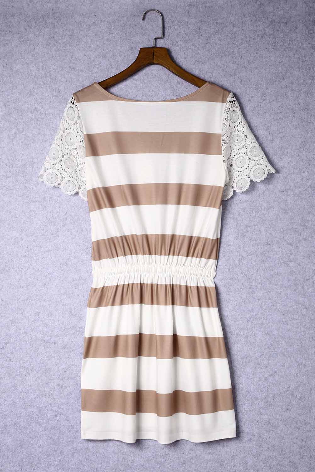 White Lace Crochet Short Sleeve Drawstring Striped Dress with Pockets