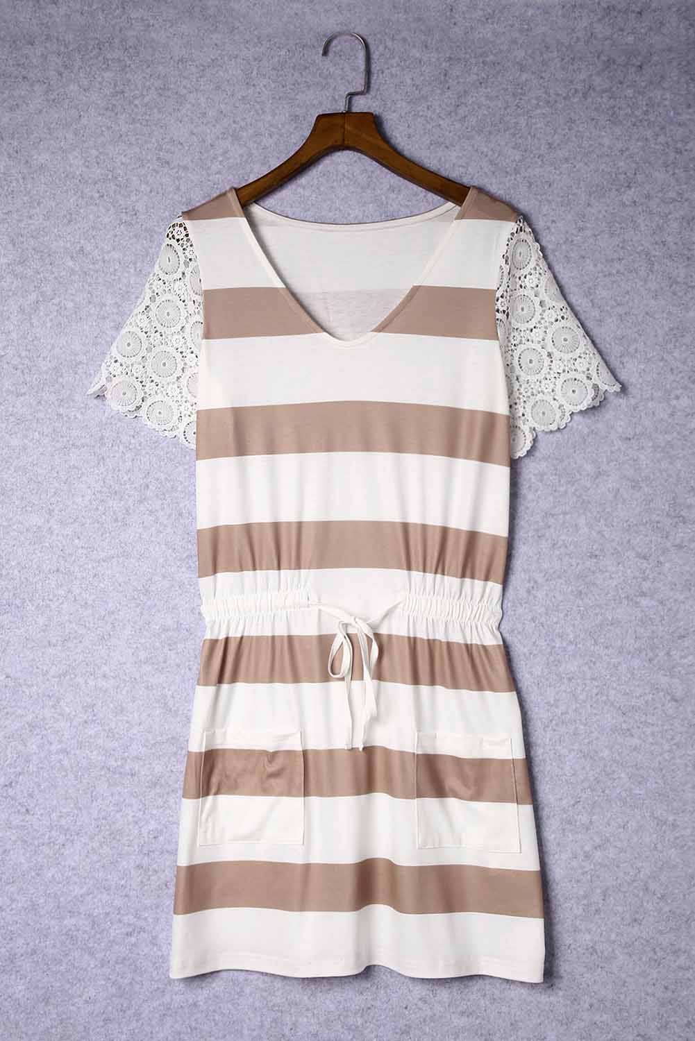 White Lace Crochet Short Sleeve Drawstring Striped Dress with Pockets