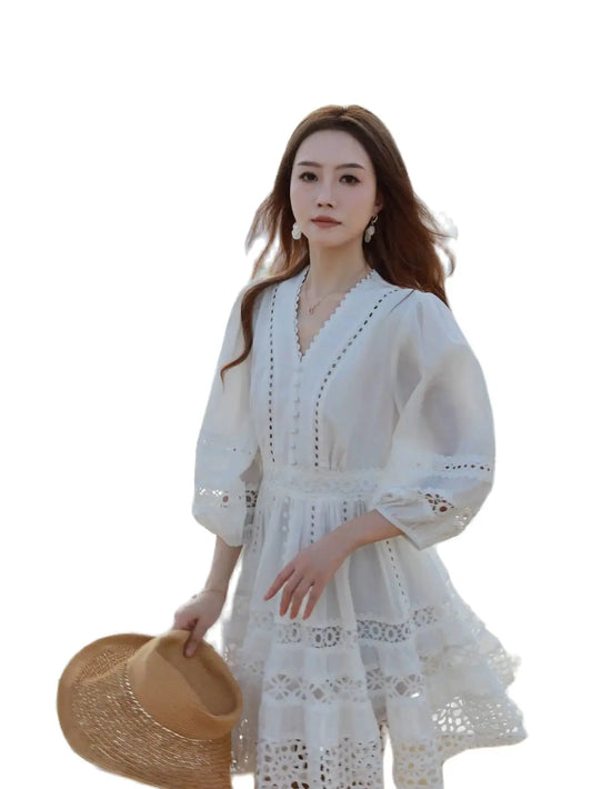 White Lantern Sleeves V-neck Summer Embroidered Hollow Short Dress