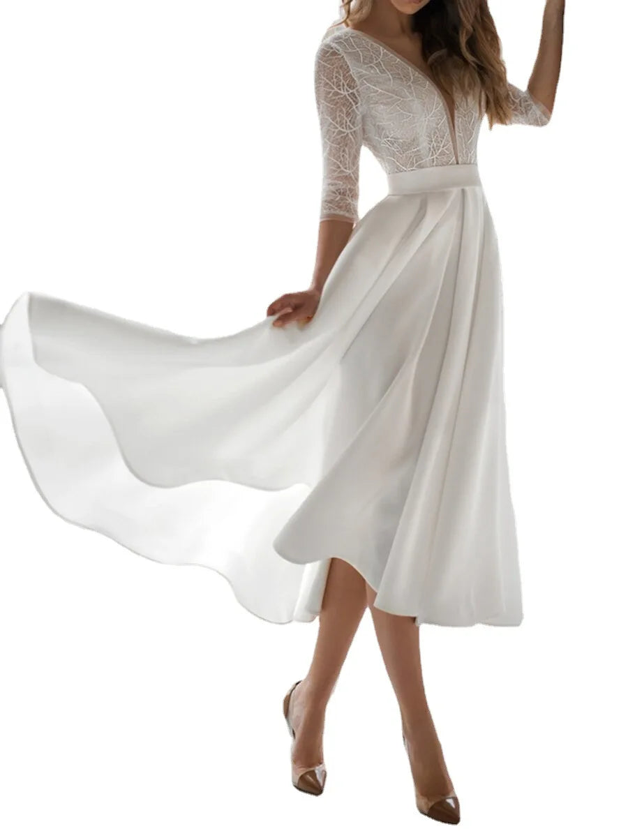 White Long-sleeved V-neck Backless Big Swing Knee Length Dress