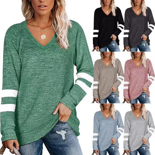 Women's 2023 Long Sleeve Contrast Panels V-neck Loose Casual T-shirt Top