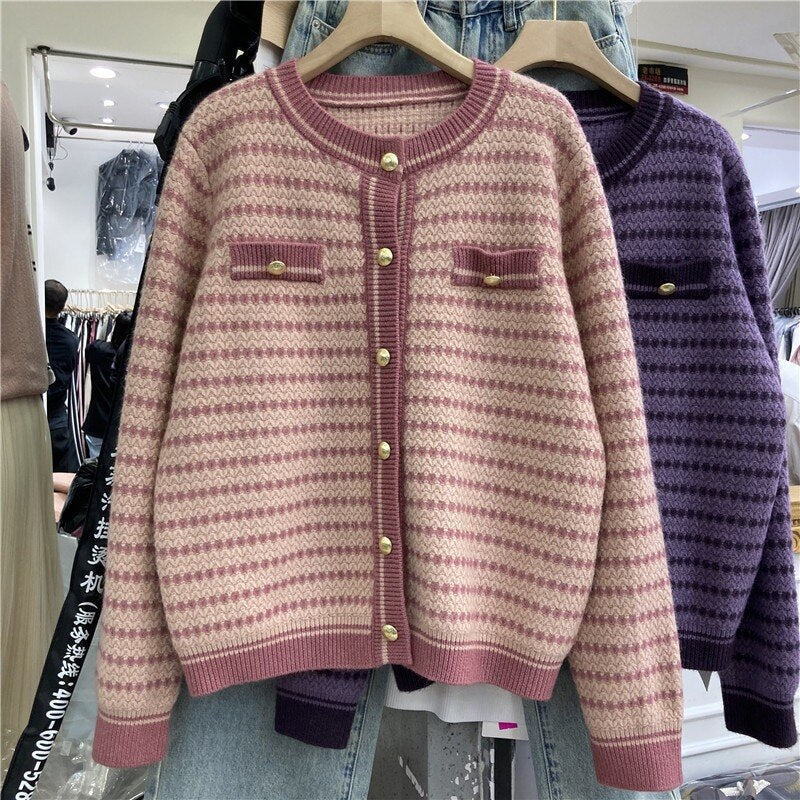 Women's 2023 New Long-sleeved Versatile Crewneck Knit Jacket Autumn Sweater Cardigan