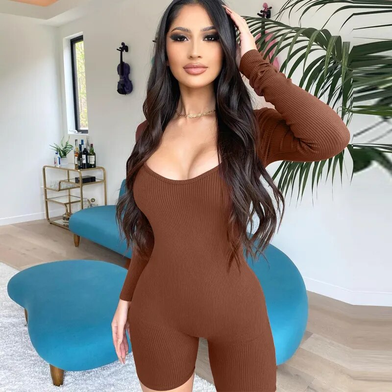 Women's 2023 Summer New Solid U-Neck Long Sleeve Slim Sports Jumpsuit for Women