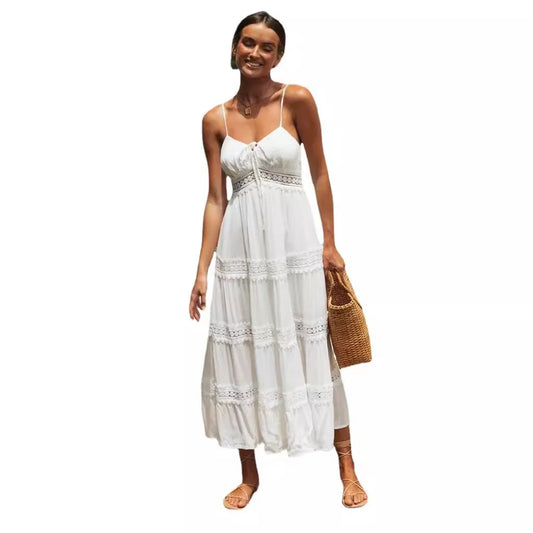 Women's Bohemian Lace Stitching Big Swing Slip White Dress