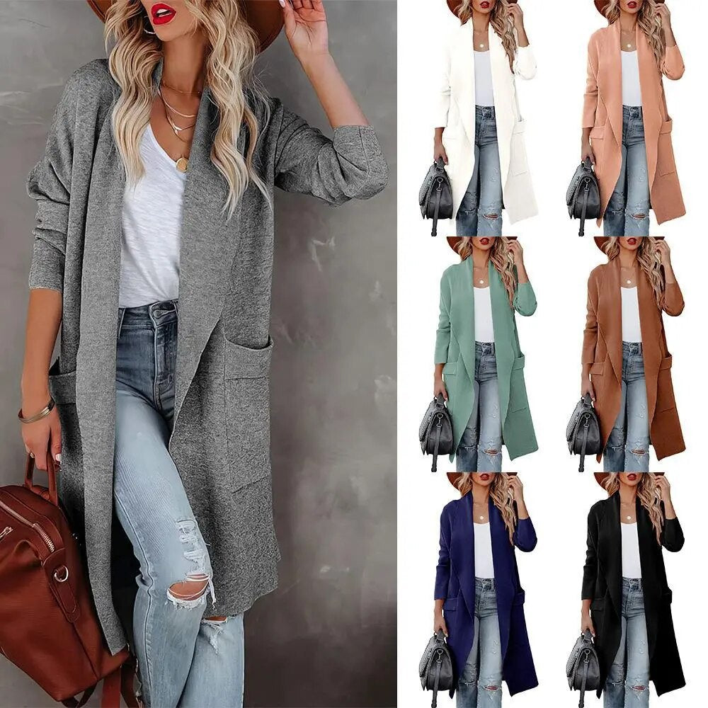 Women's Casual Long Sleeves Women's Woolen Thin Long Coat with Pockets