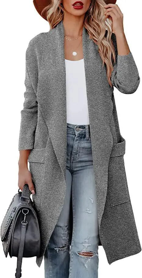 Women's Casual Long Sleeves Women's Woolen Thin Long Coat with Pockets