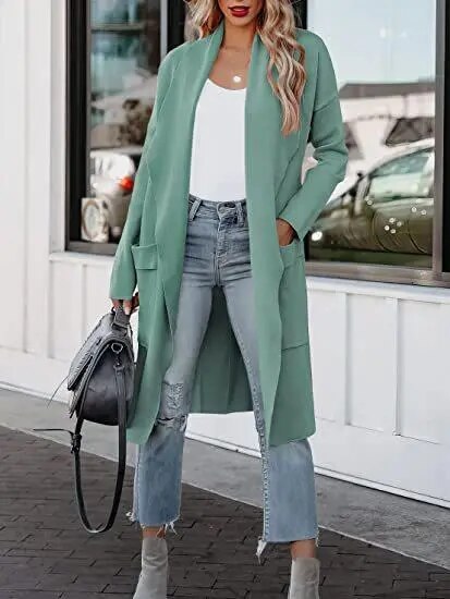 Women's Casual Long Sleeves Women's Woolen Thin Long Coat with Pockets