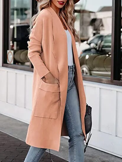 Women's Casual Long Sleeves Women's Woolen Thin Long Coat with Pockets