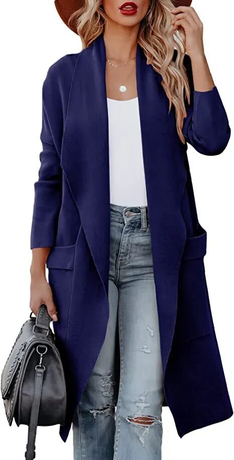 Women's Casual Long Sleeves Women's Woolen Thin Long Coat with Pockets