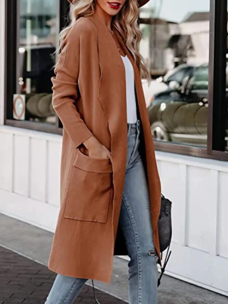 Women's Casual Long Sleeves Women's Woolen Thin Long Coat with Pockets