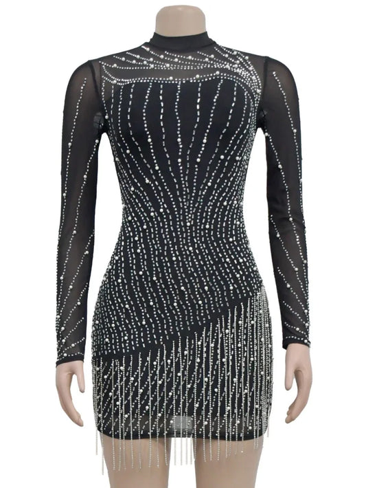 Women's Clothing Long Sleeve Mesh Hot Diamond Bubble Bead Mini Dress Black