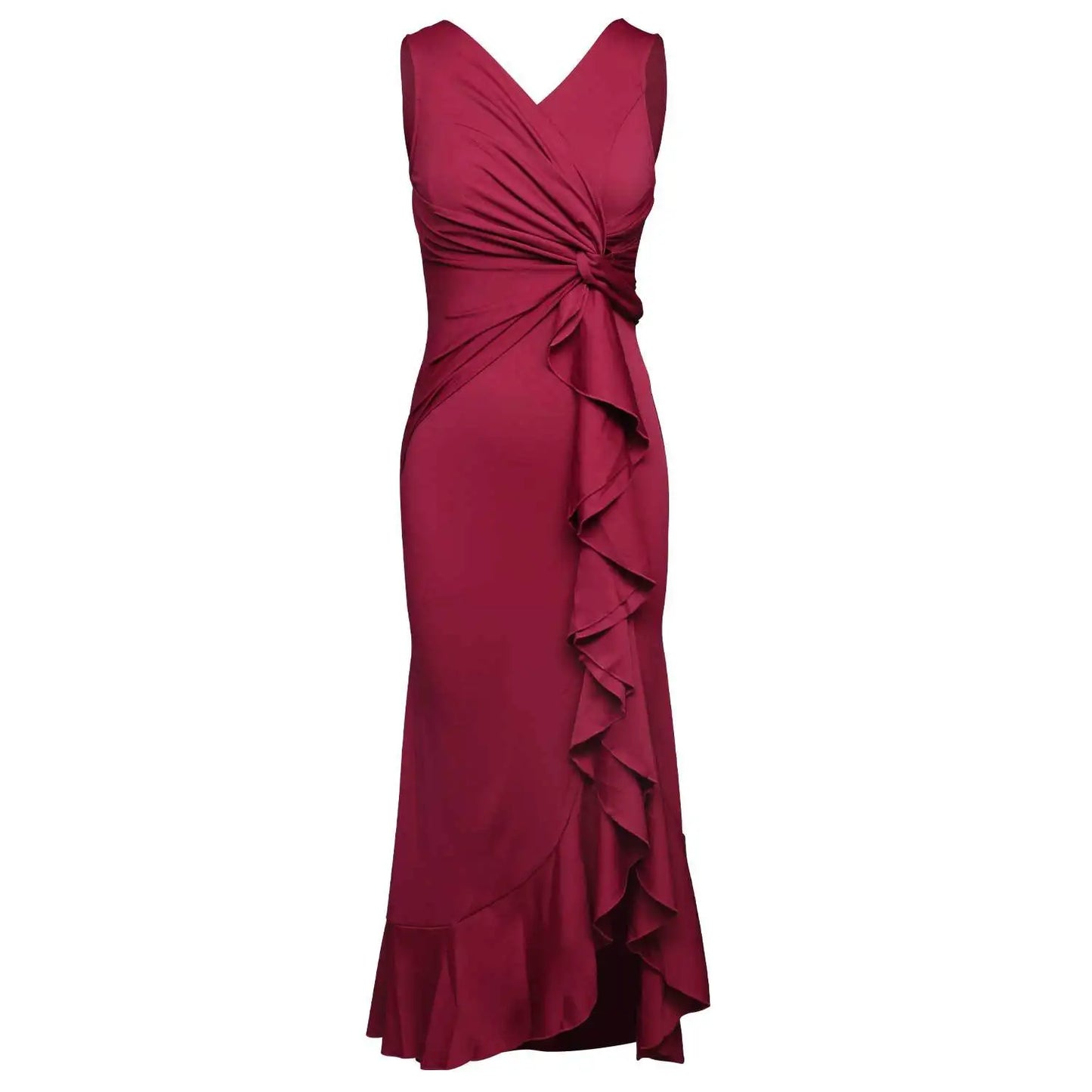 Women's Elegant V-Neck Sleeveless Split Slim Ruched Ruffles High Low Long Evening Dress